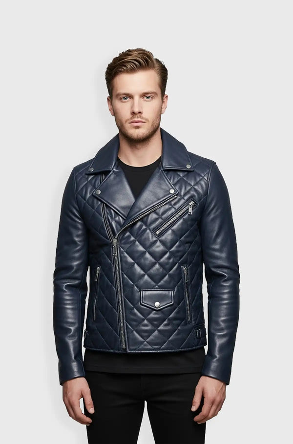 Midnight Navy Blue Racer Quilted Leather Jacket