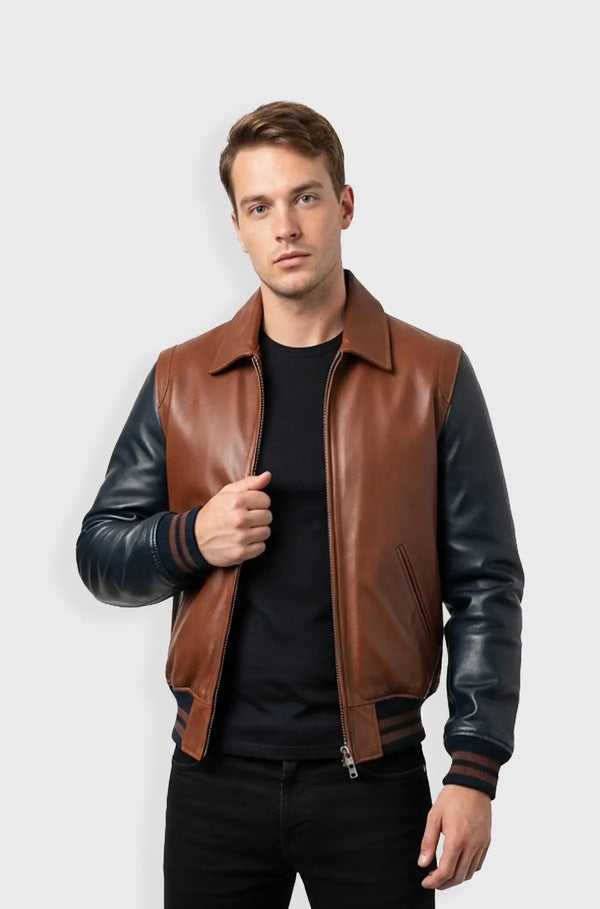 Mocha Brown and Matte Black Leather Bomber Jacket