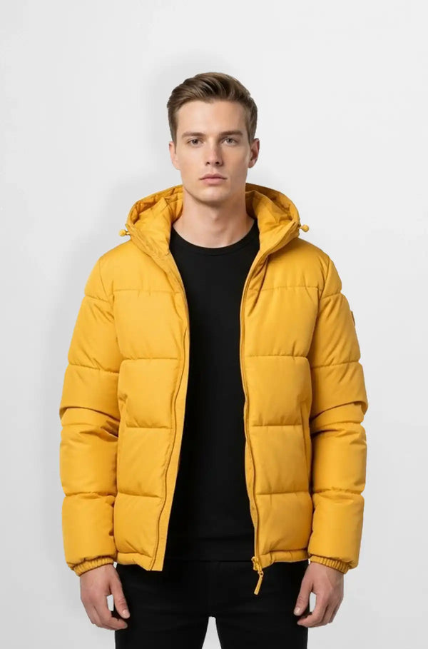 Mustard Yellow Quilted Hooded Puffer Jacket Front view