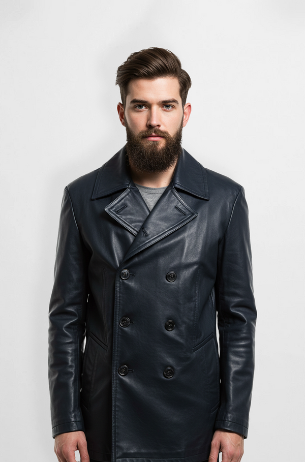 Navy Blue Leather Trench Coat