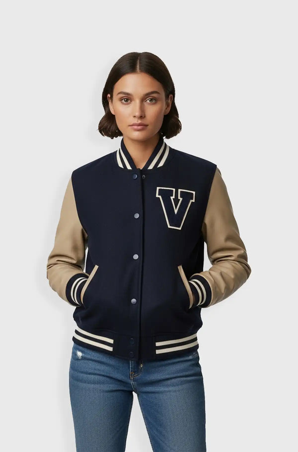 Navy Blue with Beige Leather Sleeves Varsity Leather Jacket