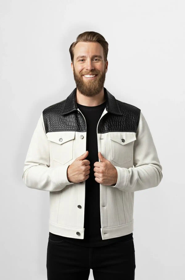 Off White Suede Leather Trucker Jacket front view