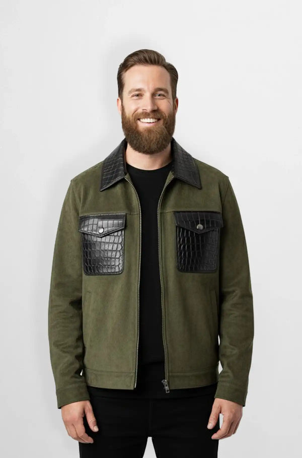 Olive Green Crocodile Suede Leather Trucker Jacket Front view
