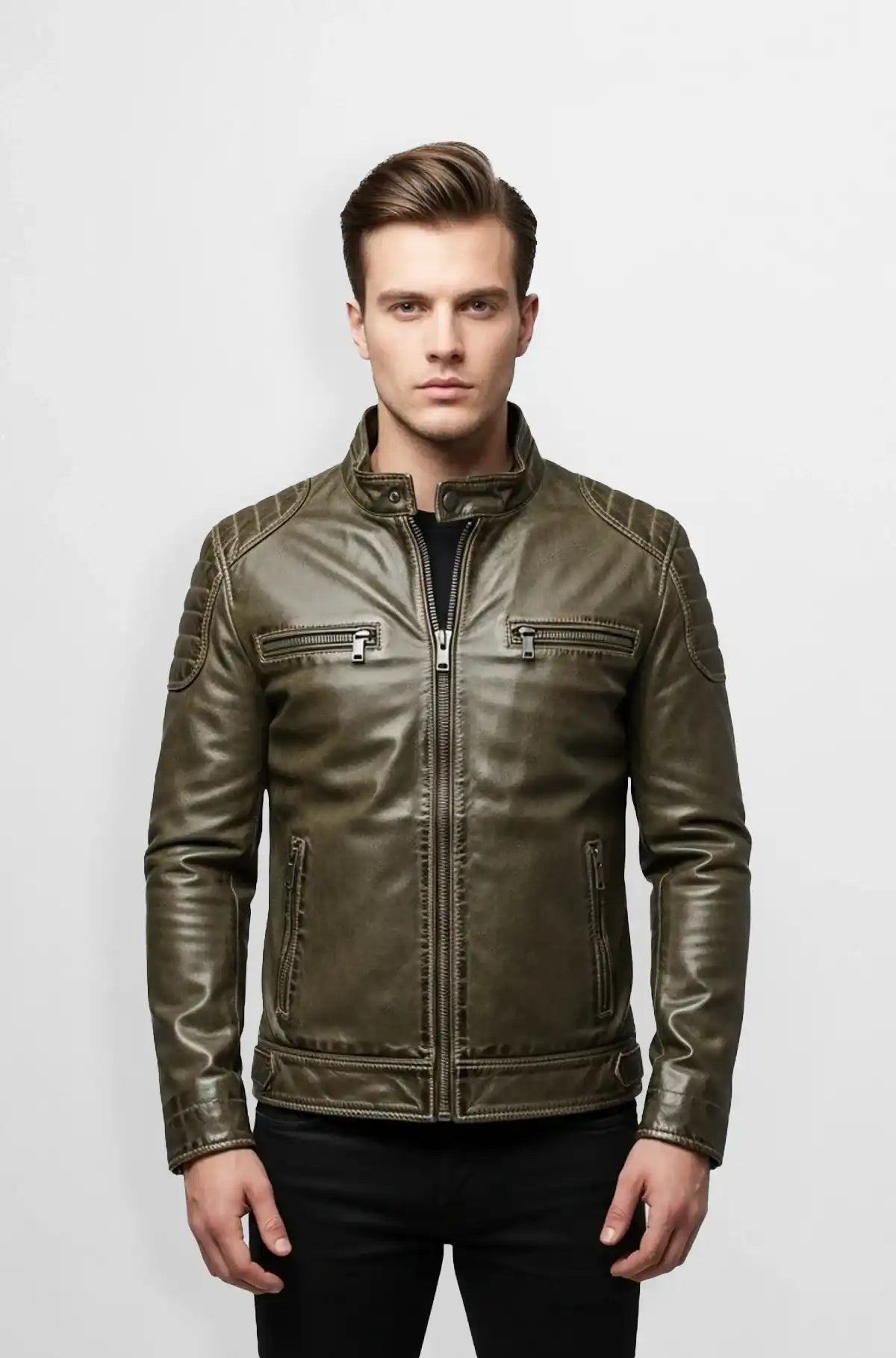 Olive Green Pure Leather Biker Jacket