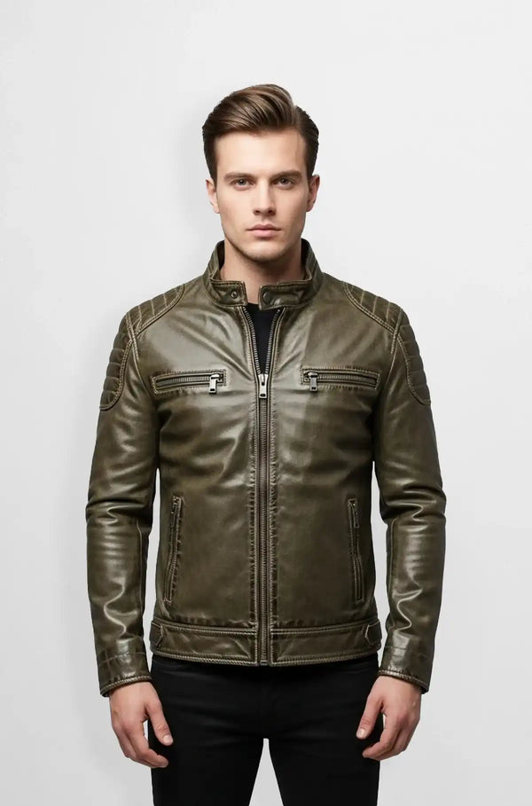 Olive Green Pure Leather Biker Jacket Front view
