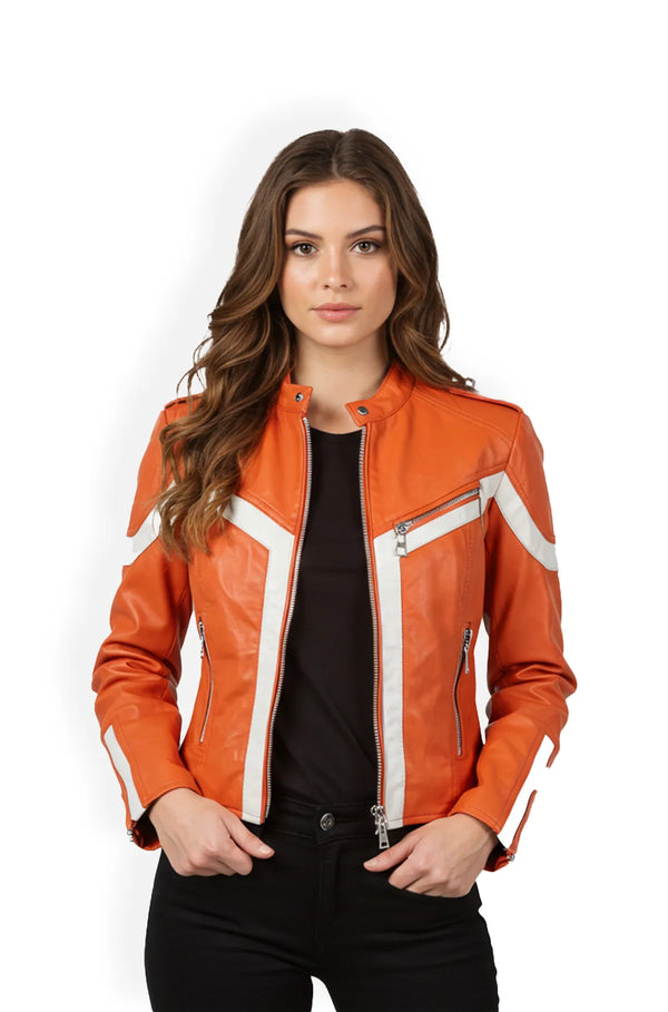 Orange and White Leather Moto Jacket for Women