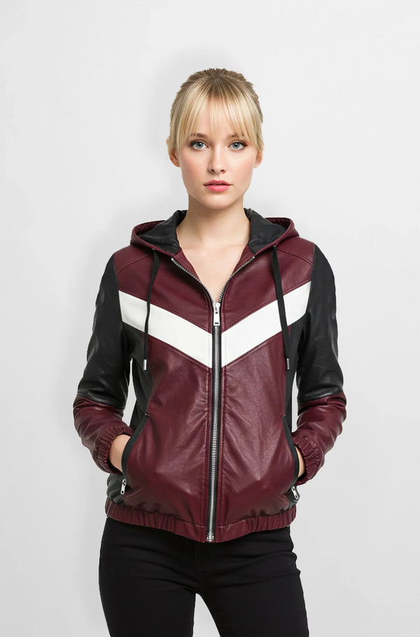 Oxblood Biker Leather Hoodie Jacket Front view
