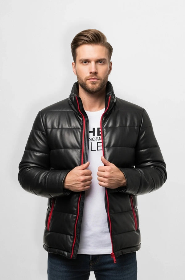 Padded Black Leather Jacket with Red Trim