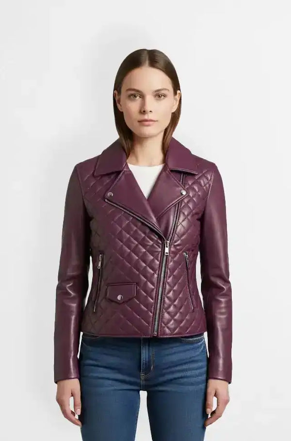 Plum Quilted Rebel Biker Leather Jacket Front Usa