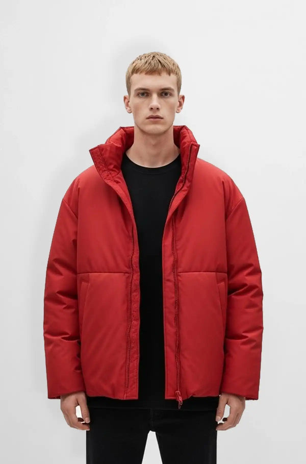 Premium Bright Red Puffer Jacket Front view
