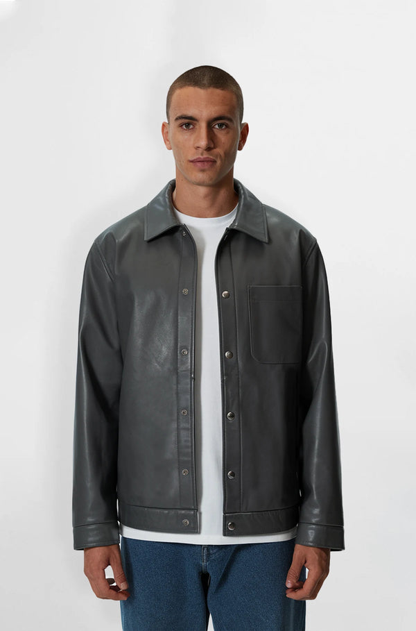 Premium Grey Leather Shirt Jacket for Men front view