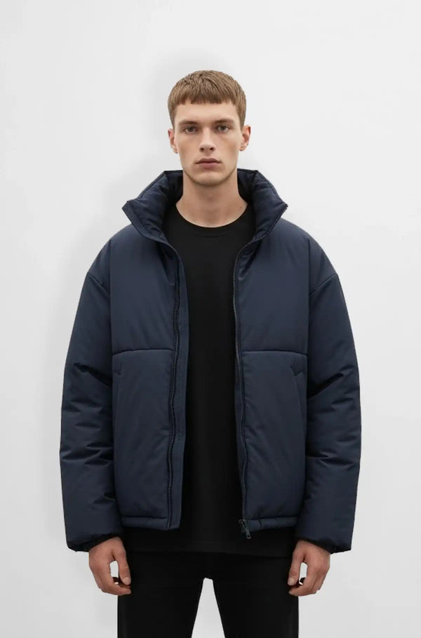 Premium Navy Blue Puffer Jacket Front view