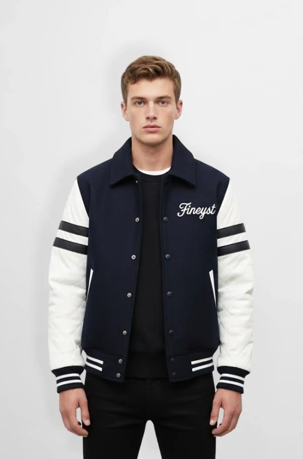 Premium Navy Blue Wool Leather Varsity Jacket Front view