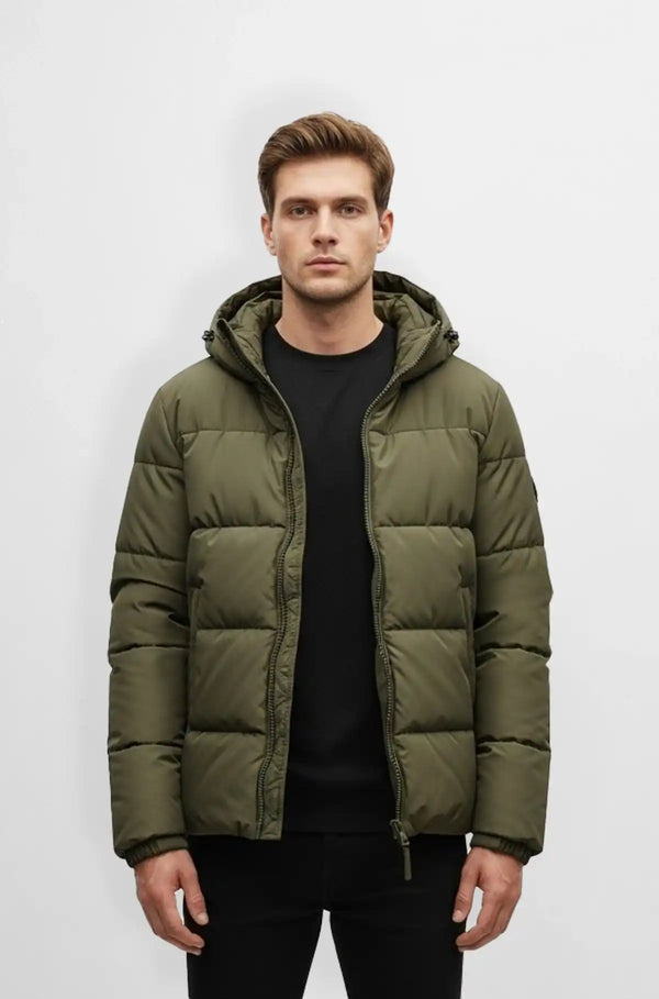 Premium Olive Green Hooded Puffer Jacket Front view