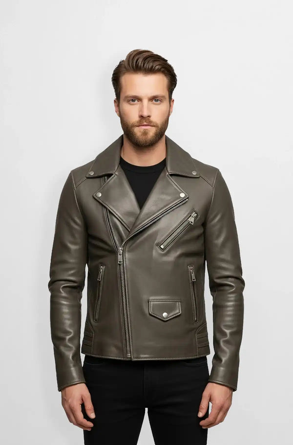 Premium Street Style Grey Taupe Biker Leather Jacket Front view