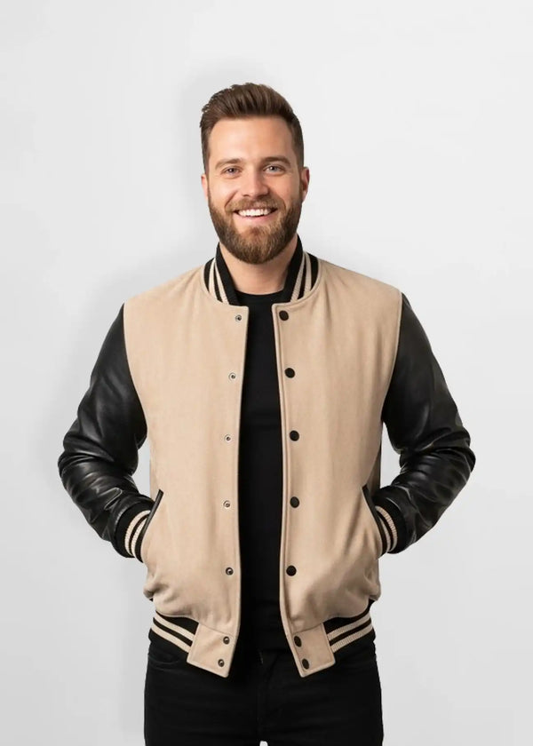 Quilted Beige Suede Leather Varsity Jacket Front view