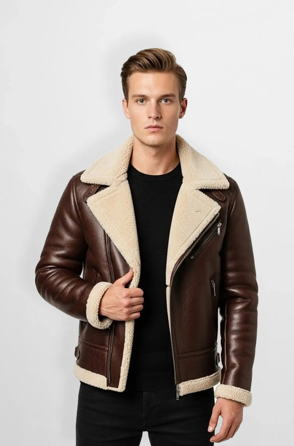 Quilted Chocolate Brown Leather Aviator Jacket Front view