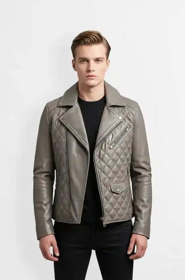 Quilted Taupe Grey Leather Biker Jacket Front view
