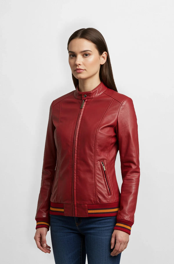 Red Wine Premium Leather Bomber Jacket Front view