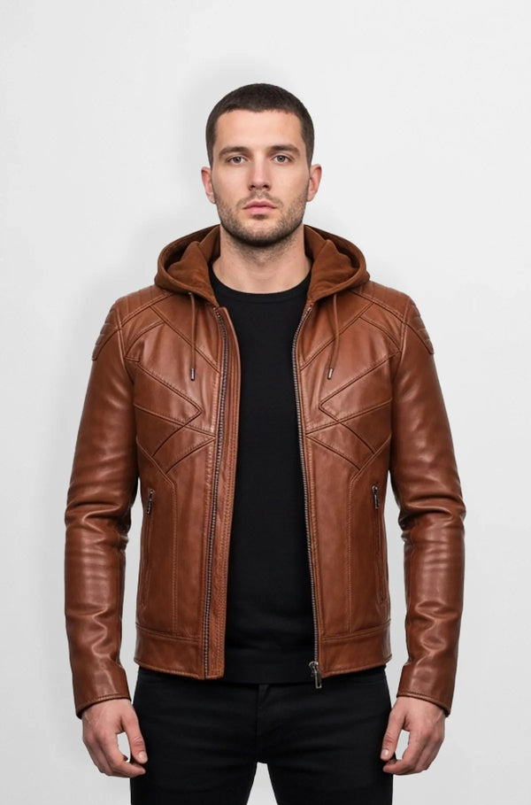 Rich Tan Brown Hooded Leather Jacket