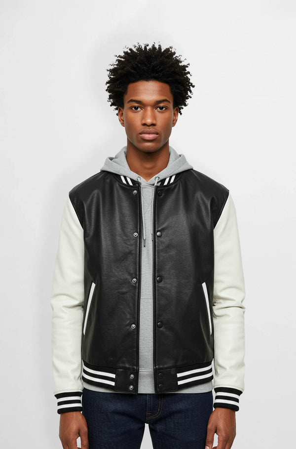 Rich black and white varsity leather jacket front view