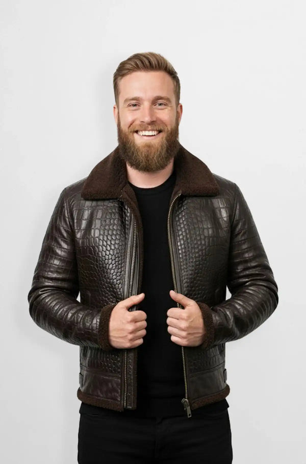 Shearling Dark Brown Crocodile Leather Bomber Jacket Front view