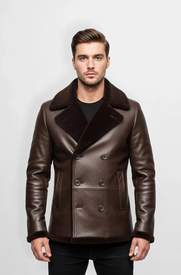 Shearling Leather Peacoat Jacket for Men