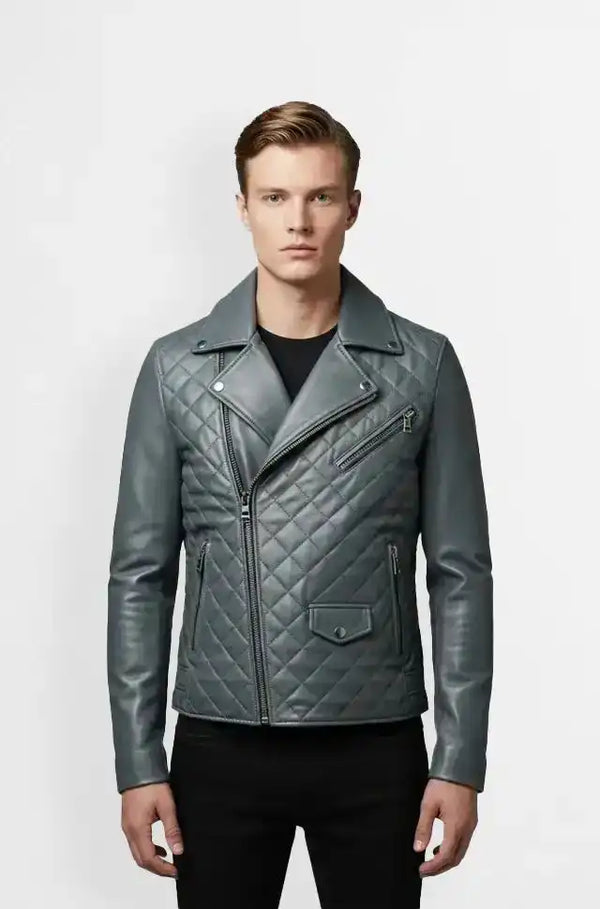Slate Grey Quilted Leather Biker Jacket Front view