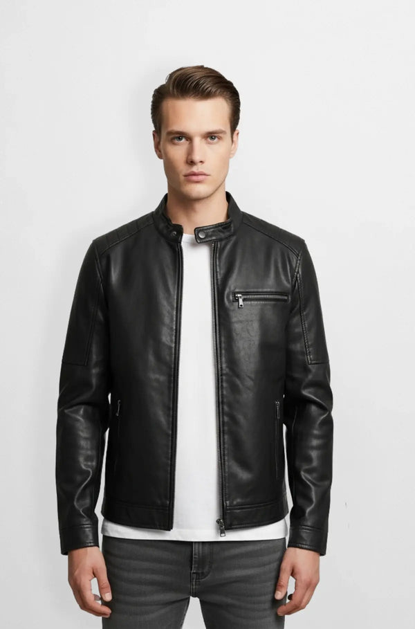Slim Fit Classic Black Leather Biker Jacket Front view