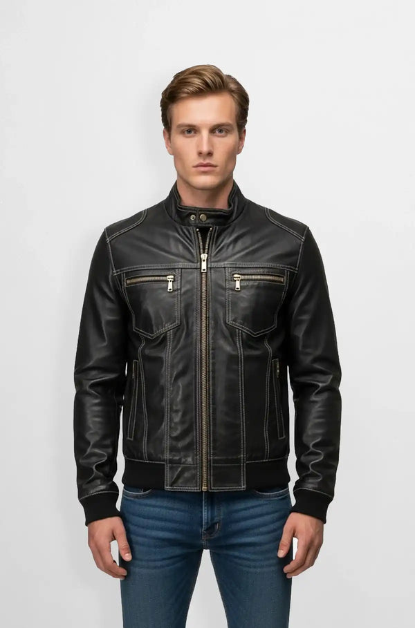 Slim Fit Jet Black Leather Bomber Jacket Front view