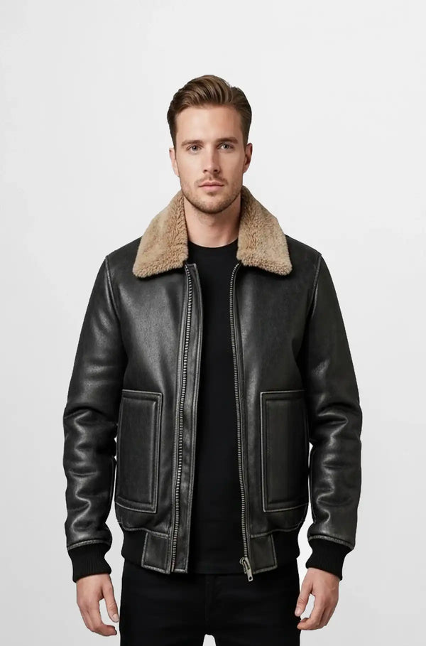Soft Black Shearling Collar Bomber Leather Jacket