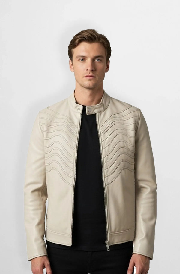 Stitched Cream Leather Bomber Jacket Front view