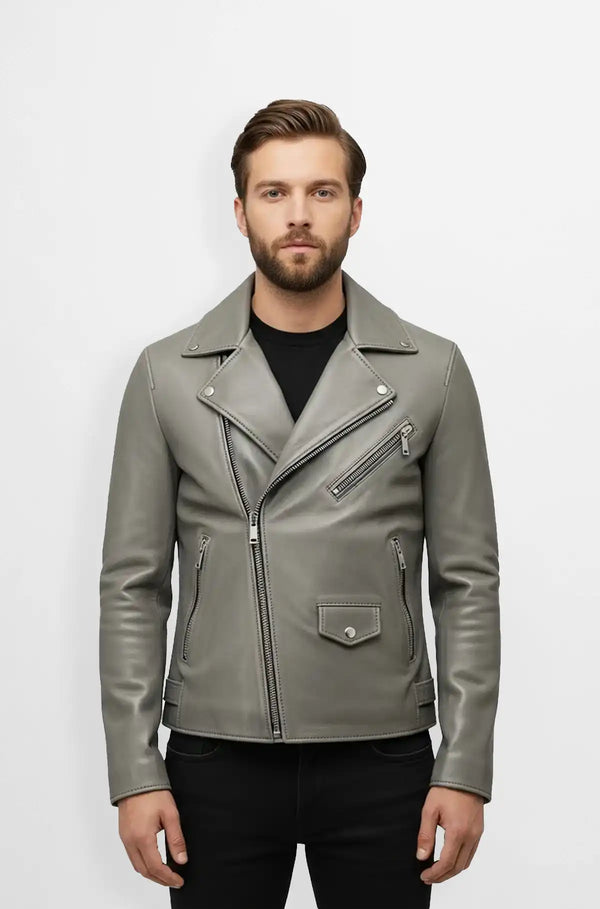 Storm Grey Biker Leather Jacket Front view