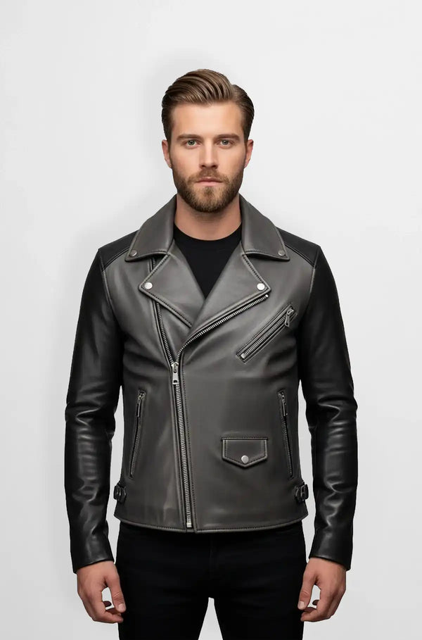Street Style Graphite Grey Biker Leather Jacket Front view