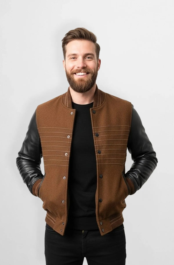 Stylish Brown & Black Varsity Leather Jacket