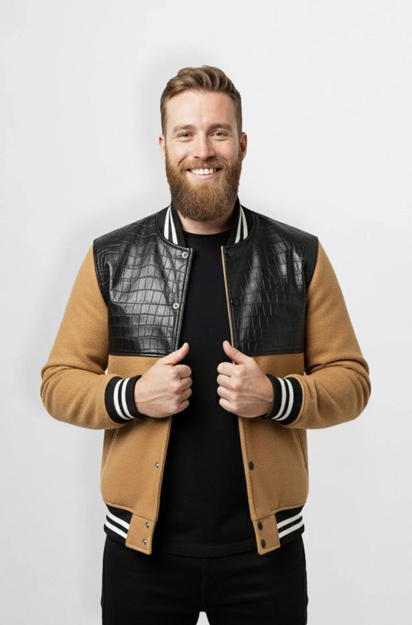 Tan & Black Crocodile Leather Wool Varsity Jacket Front view