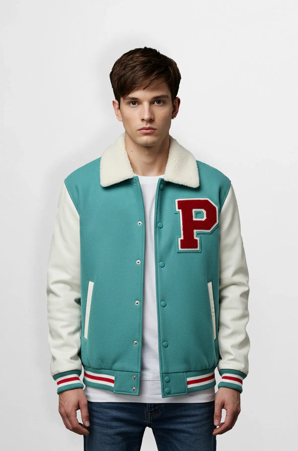 Teal Green Letterman Wool Jacket Front view