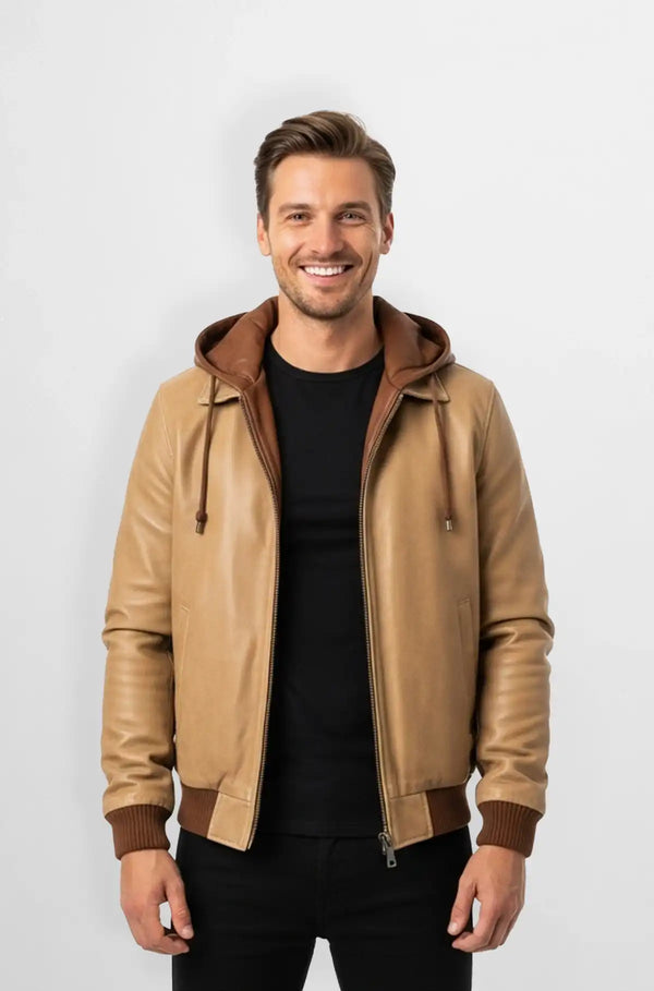 The Nomad Hooded Tan Bomber Leather Jacket