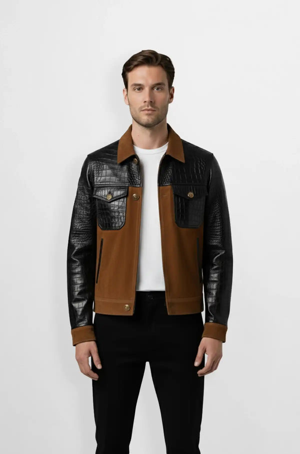 Trim Brown Crocodile Suede Leather Biker Jacket Front view