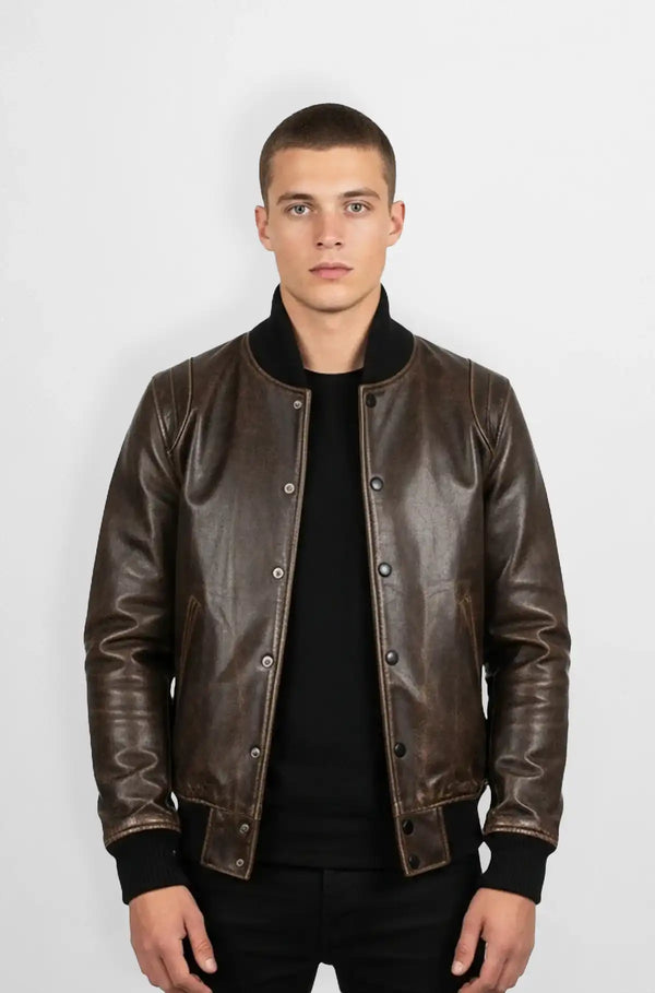 Vintage Brown Leather Bomber Jacket Front view