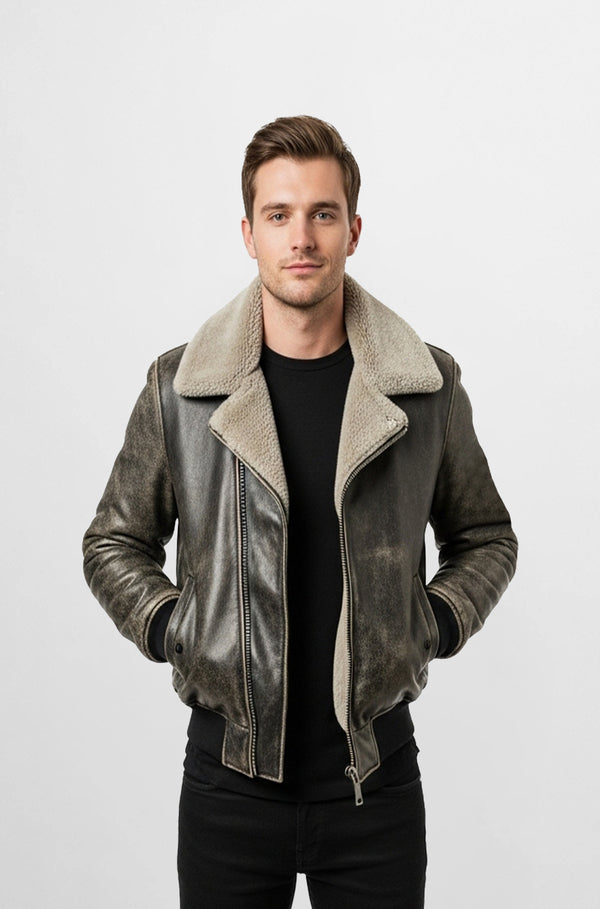 Vintage Charcoal Aviator Leather Jacket