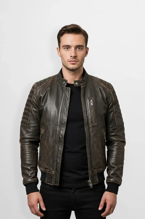 Vintage Leather Bomber Jacket with Quilted Shoulders