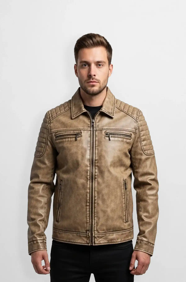 Vintage Tan Leather Biker Jacket Front view