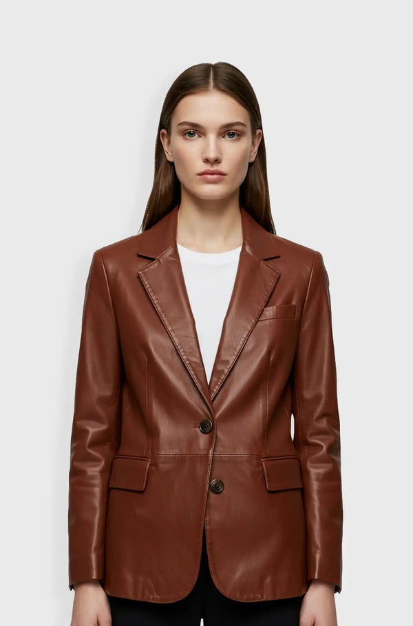 Walnut Brown Leather Blazer women front view