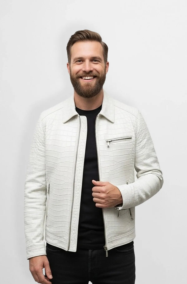 White Crocodile Leather Biker Jacket Front view