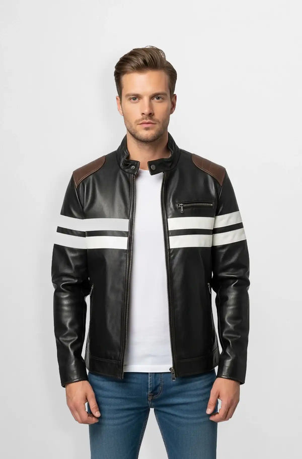 White Stripes Black Leather Biker Jacket Front view