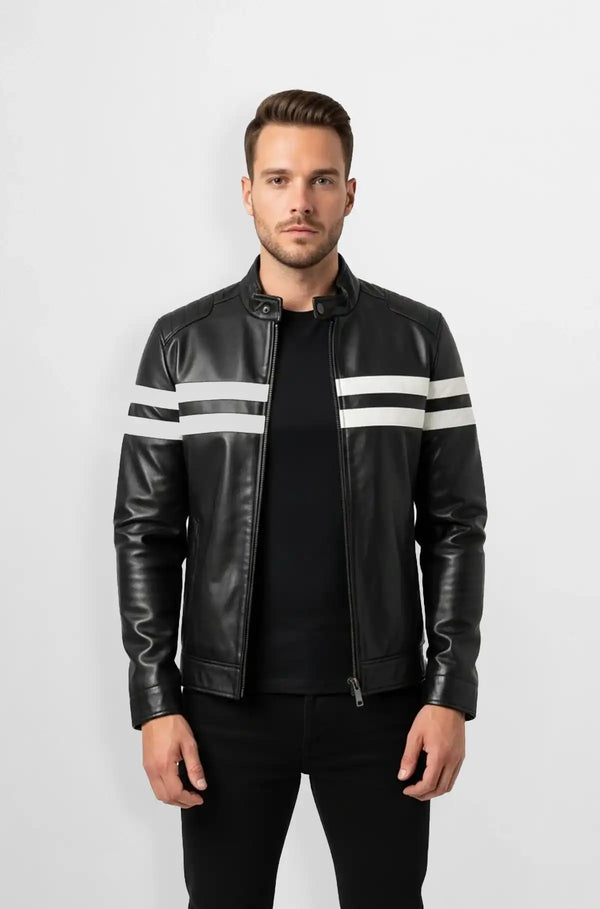 White Stripes Black Leather Racer Jacket Front view