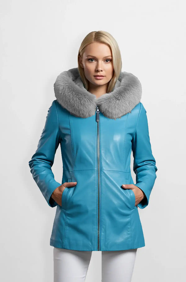 Women Aqua Blue Leather Coat Front view