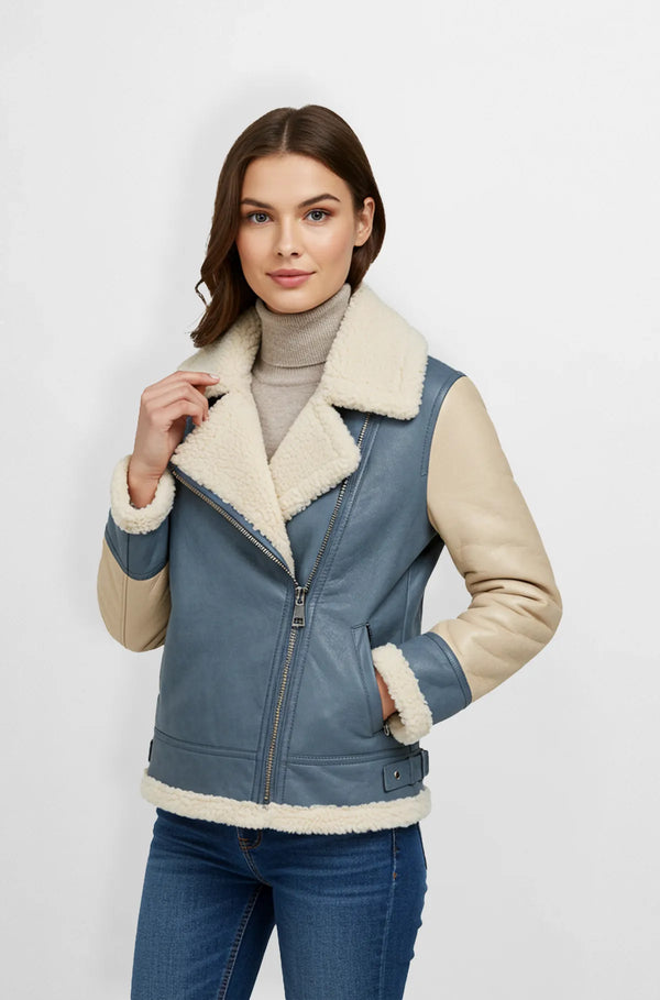 Women Dusty Blue Shearling Leather Aviator Jacket Front view
