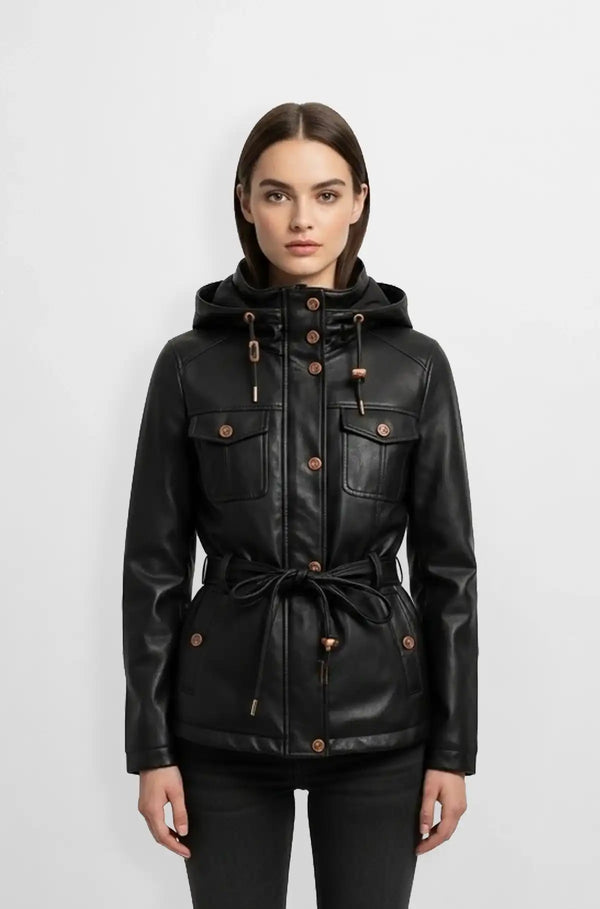 Women Midnight Black Hooded Leather Blazer Front view
